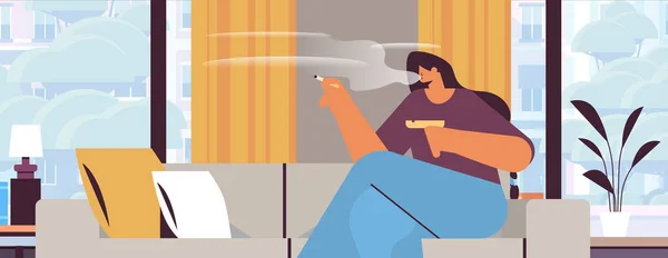 Donna fumare sigarette cattive abitudini stile di vita malsano dipendenza da nicotina concetto di non fumare soggiorno interno — Vettoriale Stock