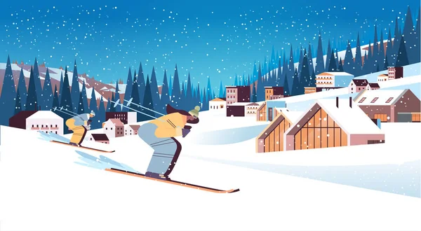Lyžařka skluzavka dolů sportovkyně lyžování dělá aktivity zimní dovolená koncept — Stockový vektor