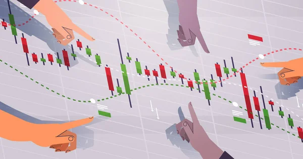 Misturar corrida comerciantes mãos analyzig caindo para baixo mercado de ações gráfico de negociação candlestick investimento financeiro —  Vetores de Stock