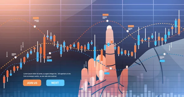 Trader hand analyzig queda de mercado de ações gráfico de negociação candlestick gráfico tendências da economia de investimento financeiro —  Vetores de Stock