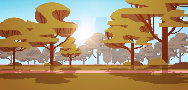 Şehir parkında yeşil ağaçlar güzel güneşli gün batımı manzarası — Stok Vektör