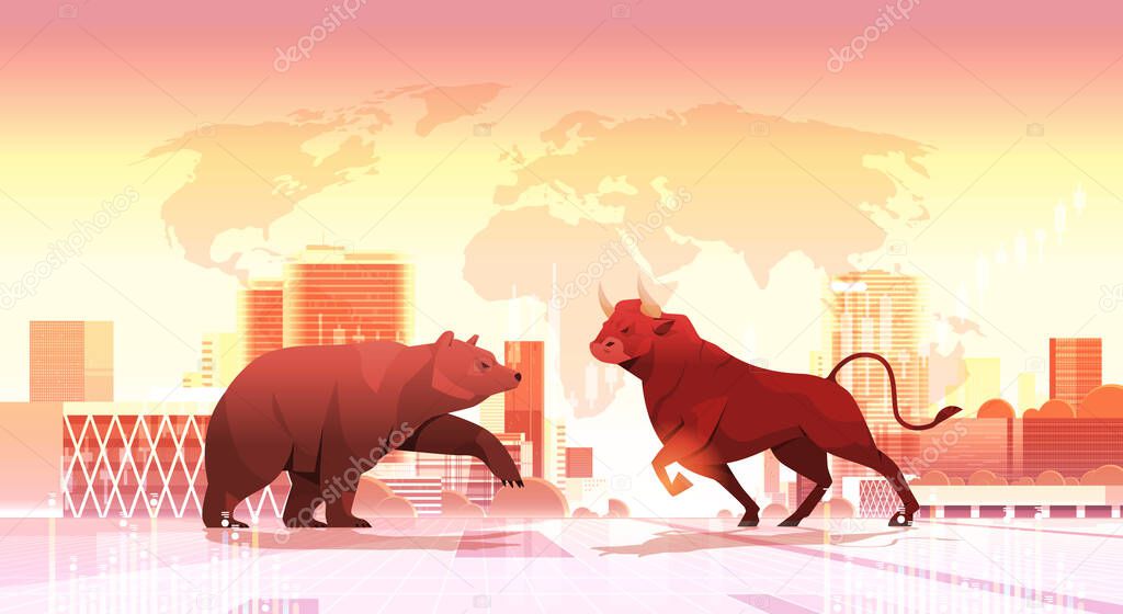 angry fighting bull and bear dangerous mammal animals market trend stock exchange trading concept horizontal