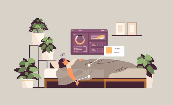 Jeune femme dormant au lit avec suivi électronique de l'application de montre intelligente sur la qualité de la main et la quantité de contrôle du sommeil — Image vectorielle