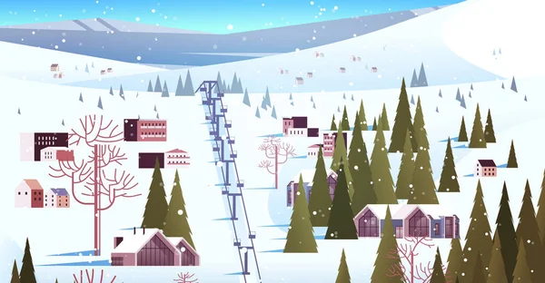 Teleférico en las montañas nevadas casas residenciales zona estación de esquí Navidad año nuevo vacaciones celebración invierno — Vector de stock