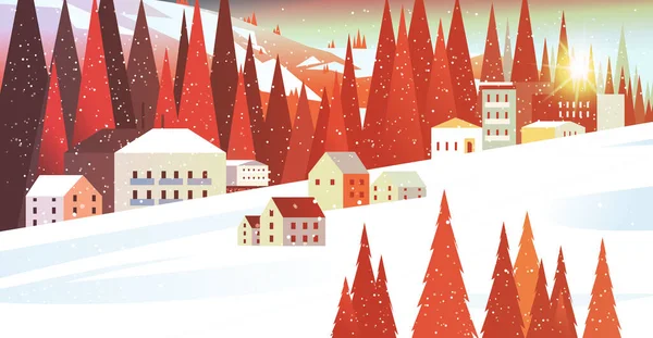 Casas cobertas de neve na temporada de inverno casas residenciais área conceito resort de esqui ano novo e celebração de Natal — Vetor de Stock