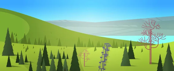 带电缆的高山绿草松树和冷杉滑雪场春夏度假概念景观背景横向矢量图解 — 图库矢量图片
