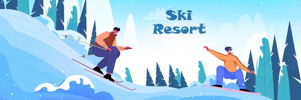 Homens snowboard e esquiar pessoas fazendo atividades Natal ano novo feriados ski pass inverno férias —  Vetores de Stock