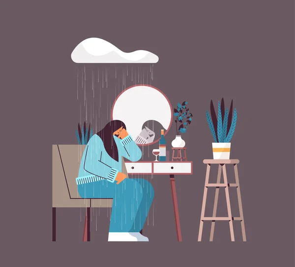Mujer infeliz bajo la nube de lluvia mirando espejo chica sensación desesperada enfermedades de salud mental depresión — Archivo Imágenes Vectoriales