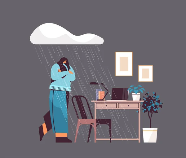 Infeliz deprimida mujer de negocios bajo lluvia nube chica sintiendo desesperada enfermedades de salud mental depresión estrés — Archivo Imágenes Vectoriales