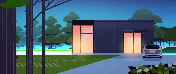 Modernt hus av sandwichpaneler med panoramafönster miljövänligt hem byggnad modulhus — Stock vektor