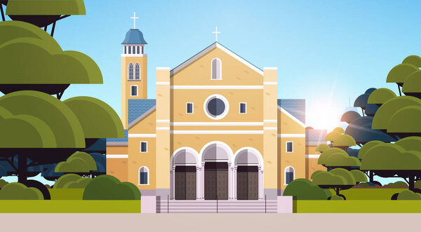 contemporary facade of catholic church architecture christian religion culture concept horizontal