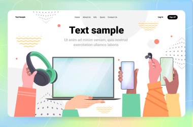 Bağımlı insanlar dijital cihazlar kullanıyorlar iş adamları sosyal ağlarda aktif dijital bağımlılık konsepti yatay fotokopi alanı çizimi