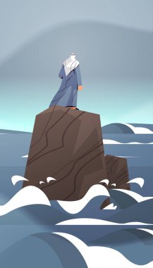 Umutsuz Arap işadamı, buzdağı üzerinde yüzüyor. Ekonomik kriz, risk yönetimi, borç, borç, iş, tehlike, tehlike kavramı.