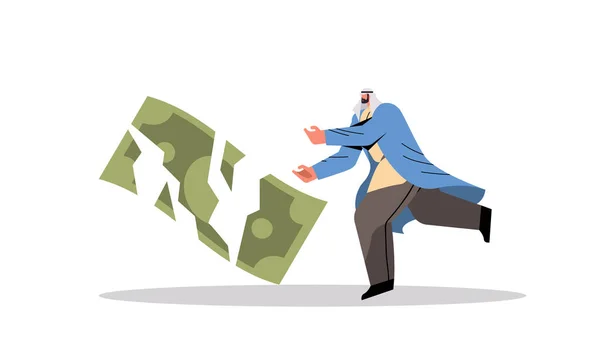 Uomo d'affari arabo con rotture di banconote in carta crisi finanziaria concetto di fallimento orizzontale tutta la lunghezza — Vettoriale Stock