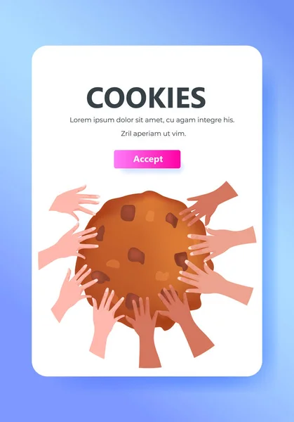 Mix race people hands holding cookie protection of personal information internet web pop up Utilizamos cookies — Vector de stock
