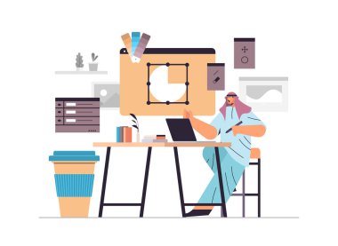 Web sayfası tasarımı üzerinde çalışan web kullanıcı arayüzü oluşturan grafik düzenleyici Arapça adam kalem ile tasarımcı çizimi