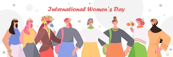 Dziewczyny stojące razem 8 marsz szczęśliwy międzynarodowy dzień kobiet święto koncepcja — Wektor stockowy