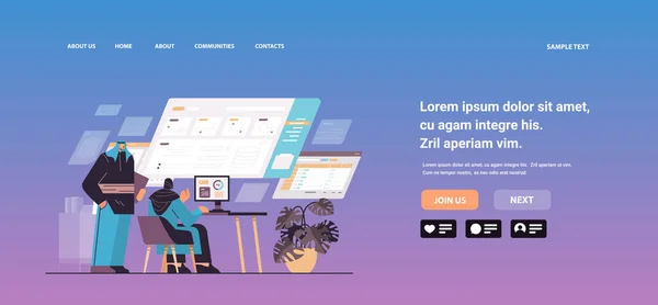 Empresários árabes analisando dados financeiros em gráficos e gráficos relatório de planejamento análise de mercado conceito de contabilidade — Vetor de Stock