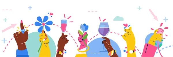 Yarış ellerinin şampanya kadehlerini karıştırın uluslararası mutlu kadınlar günü kutlamaları konsepti 8 Mart — Stok Vektör