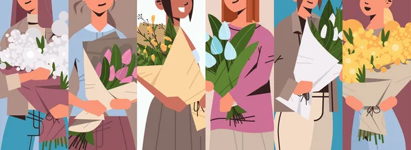 Смешивать гонки девушки держат букеты цветов 8 марта счастливого женского дня праздник концептуальный портрет — стоковый вектор