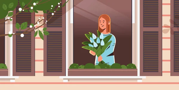 Όμορφο κορίτσι στο παράθυρο κρατώντας λουλούδια μπουκέτο 8 Μαρτίου διεθνή ευτυχισμένη γυναίκα ημέρα εορτασμού έννοια — Διανυσματικό Αρχείο