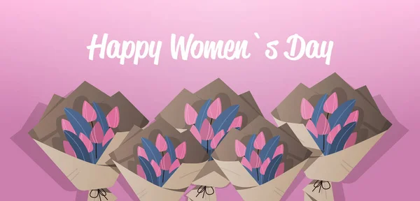 Set buchete de flori de lalele 8 martie fericit femei zi sărbătoare concept felicitare carte — Vector de stoc