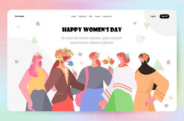 8 Mart 'ta bir araya gelen kızlar mutlu uluslararası kadınlar günü kutlamaları konseptine sahipler.