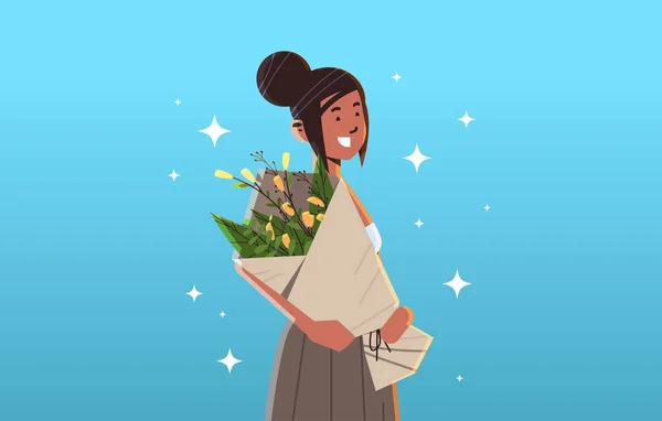 Niña afroamericana sosteniendo ramo de flores 8 marzo internacional feliz día de las mujeres concepto de celebración — Archivo Imágenes Vectoriales