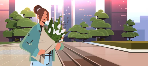 美しい女の子が花を持って花束8行進国際幸せな女性の日のお祝いのコンセプト — ストックベクタ
