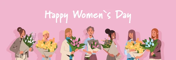 Mix race girls holding bouquets of flowers 8 march happy womens day celebration concept horizontal — Stock Vector