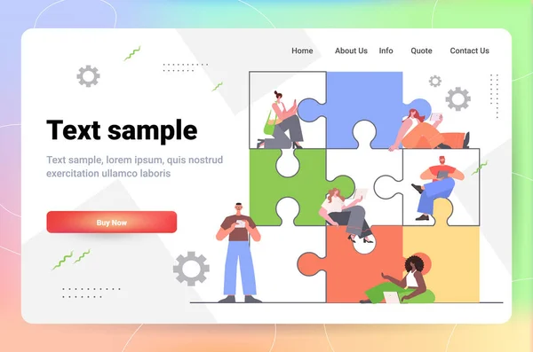 Equipe de empresários colocando partes de quebra-cabeça juntos conceito solução problema trabalho em equipe — Vetor de Stock