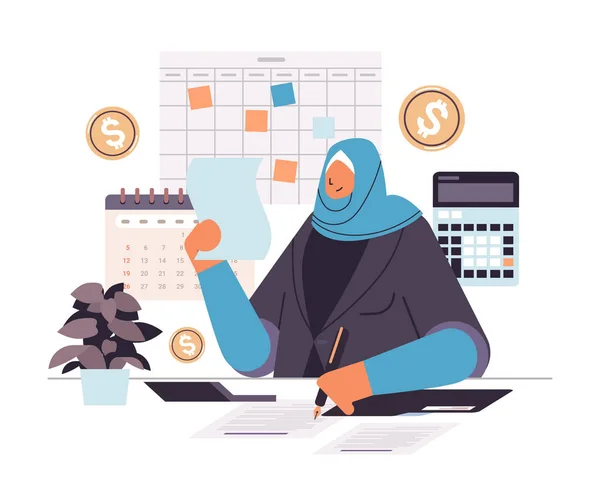 Mujer de negocios árabe calculando factura en contable contable contable empleada mujer consejera auditor en el lugar de trabajo — Archivo Imágenes Vectoriales