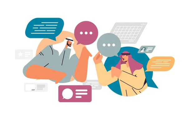 Arabische zakenmensen koppelen met chat bubbels bespreken tijdens de vergadering business communicatie concept — Stockvector