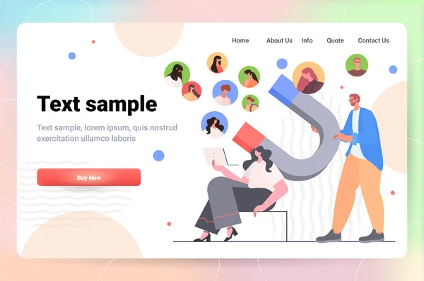 具有巨大吸引力的商人吸引顾客、客户或追随者为促销管理服务做广告 — 图库矢量图片