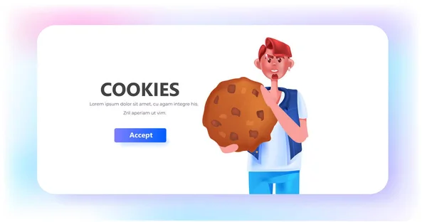 Man som innehar cookies skydd av personuppgifter internet web pop up vi använder cookies policy anmälan — Stock vektor