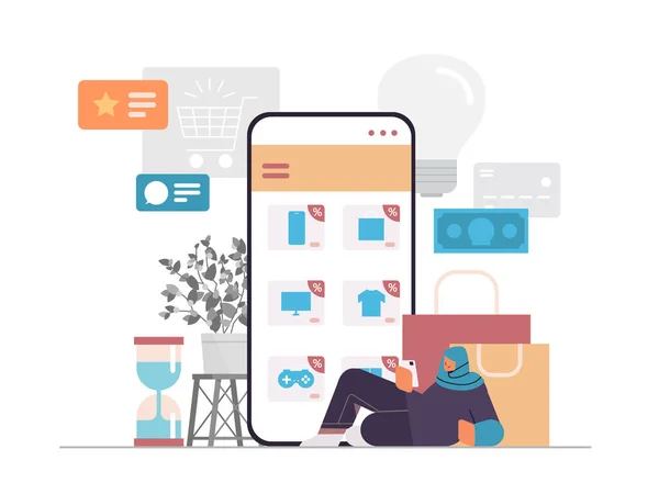 Araberin wählt Artikel auf Smartphone-Bildschirm in mobiler App Online-Shopping digitales Marketing E-Commerce — Stockvektor