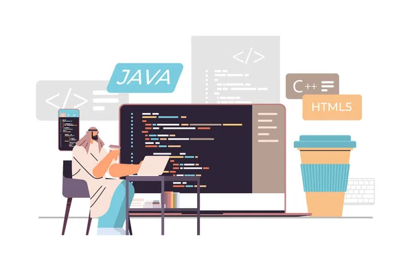 Arabski web developer tworzenie kodu programu na ekranie laptopa rozwoju oprogramowania i koncepcji programowania — Wektor stockowy