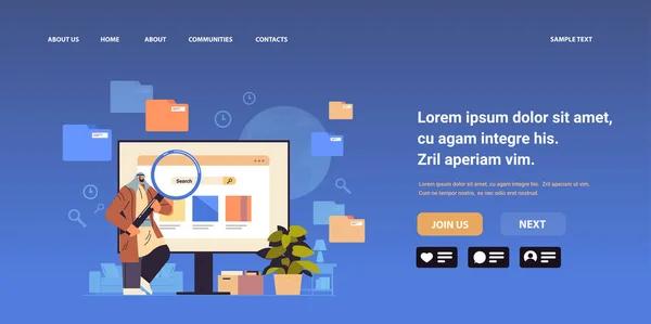 Arabischer Geschäftsmann mit Lupe Webseitendaten analysierender Mann untersucht Oberfläche des Browserfensters Online-Suche — Stockvektor