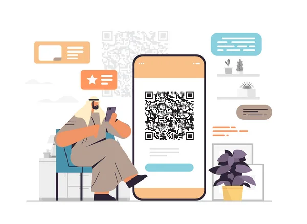 Arabische man met smartphone zakenman scannen qr code in online mobiele app horizontale volledige lengte — Stockvector