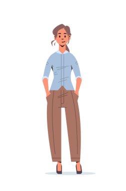 Ceplerinde el ele tutuşan sıradan giysili genç kız. Kadın çizgi film karakteri dikey poz veriyor.