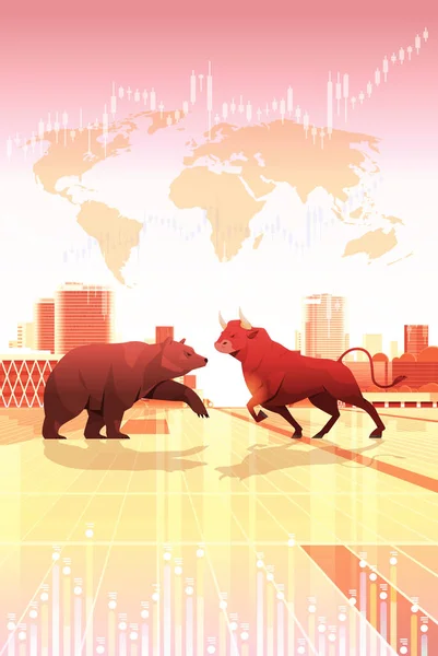 Enojado toro de lucha y oso en el ataque plantean animales mamíferos peligrosos mercado tendencia bolsa comercio — Archivo Imágenes Vectoriales