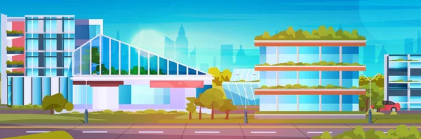 Toekomstige stad futuristische ongewone vormen gebouwen en groene bomen moderne architectuur stedelijke stad stadsgezicht achtergrond — Stockvector