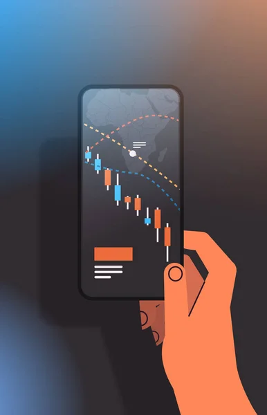 株式市場の下落を分析するトレーダーの手スマートフォンの画面金融投資上のグラフ燭台チャート — ストックベクタ