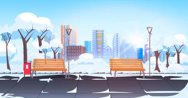 Parque urbano com bancos de madeira no inverno temporada cityscape fundo horizontal vetor ilustração —  Vetores de Stock