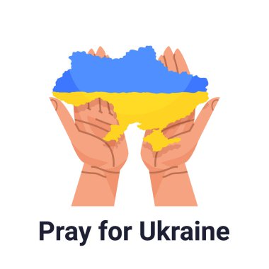 Ukrayna bayrağını harita şeklinde tutan eller Ukrayna 'ya barış için dua et Ukrayna' yı Rusya kavramından kurtar
