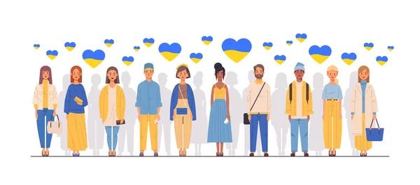 Menschen gegen den Krieg männliche weibliche ukrainische Charaktere mit blau-gelben Fahnen beten für Frieden und Freiheit in der Ukraine, retten die Ukraine vor Russland — Stockvektor