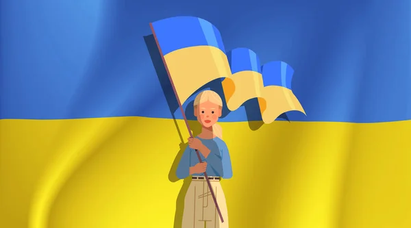 Žena držící ukrajinskou vlajku modlit za Ukrajinu mír zachránit Ukrajinu z Ruska zastavit válku koncept — Stockový vektor