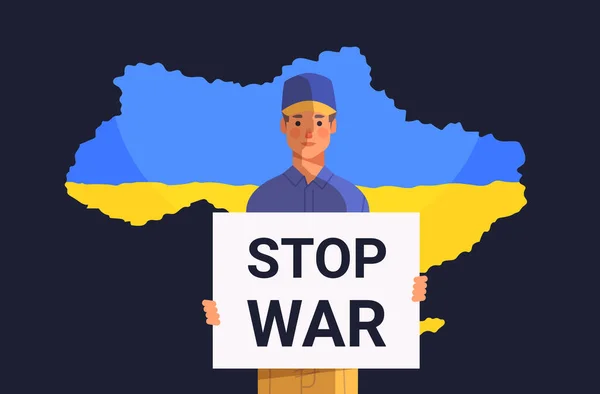 Man patriot houdt protest spandoek bidden voor Oekraïne vrede te redden Oekraïne van Rusland stop oorlog concept — Stockvector