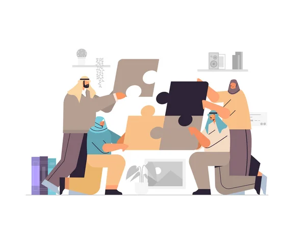 Équipe de gens d'affaires arabes mettre des pièces de puzzle ensemble solution problème concept de travail d'équipe horizontale pleine longueur — Image vectorielle