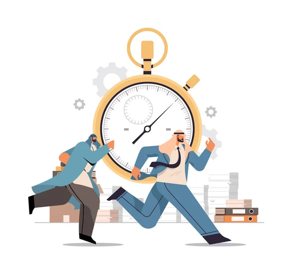 Overworked arab businessmen with stopwatch running in office hurry at work deadline time management concept — Stock Vector